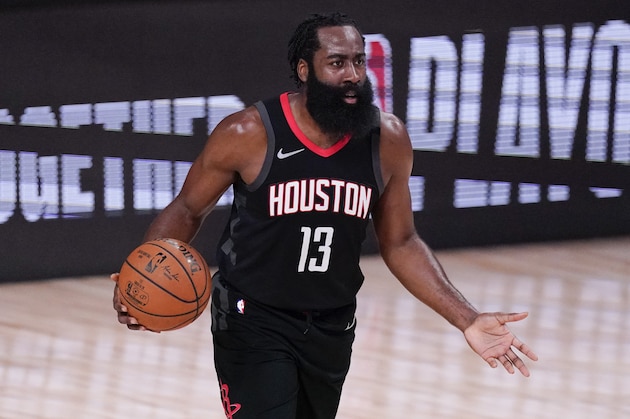 Houston Rockets' James Harden (13) argues a call during the first half of an NBA conference semifinal playoff basketball game against the Los Angeles Lakers Saturday, Sept. 12, 2020, in Lake Buena Vista, Fla. (AP Photo/Mark J. Terrill)