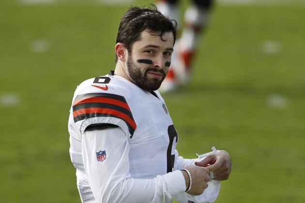 Cleveland Browns quarterback Baker Mayfield (6) prepares for an NFL football game against the Tennessee Titans Sunday, Dec. 6, 2020, in Nashville, Tenn. (AP Photo/Wade Payne) Cleveland Browns quarterback Baker Mayfield (6) prepares for an NFL football game against the Tennessee Titans Sunday, Dec. 6, 2020, in Nashville, Tenn. (AP Photo/Wade Payne)