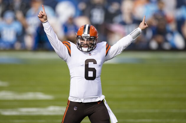 Cleveland Browns quarterback Baker Mayfield (6) celebrates against the Tennessee Titans during an NFL football game, Sunday, Dec. 6, 2020, in Nashville, Tenn. (AP Photo/Brett Carlsen)