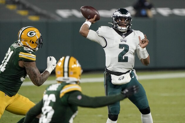 Philadelphia Eagles' Jalen Hurts throws during the second half of an NFL football game against the Green Bay Packers Sunday, Dec. 6, 2020, in Green Bay, Wis. (AP Photo/Morry Gash)