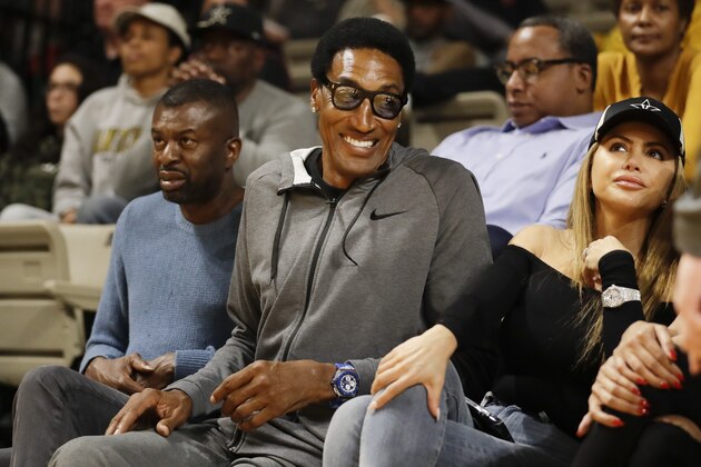 Former Chicago Bulls star Scottie Pippen watches during the second half of an NCAA college basketball game between Vanderbilt and Southeast Missouri State Wednesday, Nov. 6, 2019, in Nashville, Tenn. Pippen's son, Scotty Pippen Jr., plays for Vanderbilt. (AP Photo/Mark Humphrey)