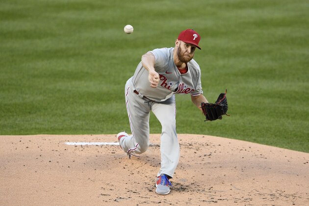 Philadelphia Phillies starting pitcher Zack Wheeler delivers a pitch during a baseball game against the Washington Nationals, Monday, Sept. 21, 2020, in Washington. (AP Photo/Nick Wass)