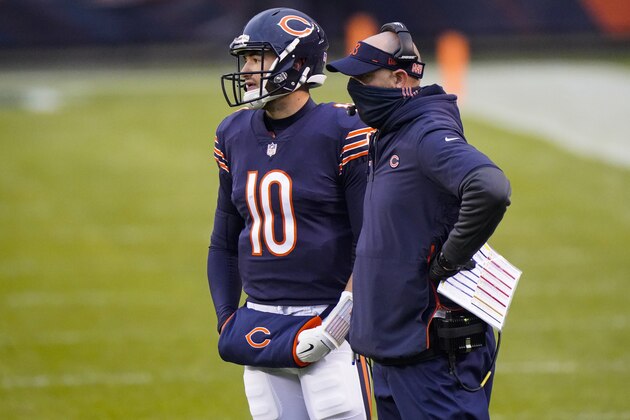 Chicago Bears head coach Matt Nagy and quarterback Mitchell Trubisky (10) on the sideline in the second half of an NFL football game against the Detroit Lions in Chicago, Sunday, Dec. 6, 2020. (AP Photo/Nam Y. Huh)
