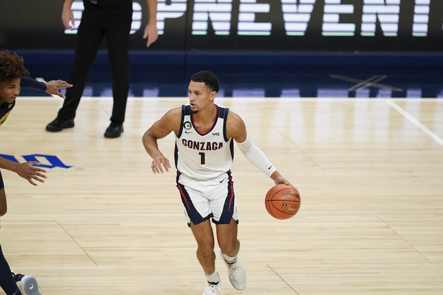 Gonzaga's Jalen Suggs (1) dribbles during the second half of an NCAA college basketball game against West Virginia, Wednesday, Dec. 2, 2020, in Indianapolis. (AP Photo/Darron Cummings)