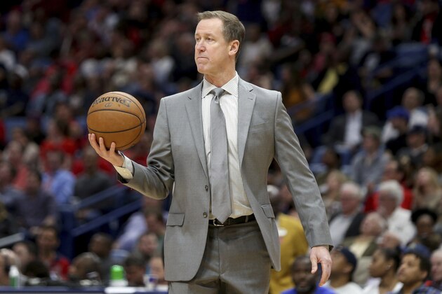 Portland Trail Blazers head coach Terry Stotts holds the basketball during a timeout in the second half of an NBA basketball game against the New Orleans Pelicans in New Orleans, Tuesday, Feb. 11, 2020. (AP Photo/Rusty Costanza) Portland Trail Blazers head coach Terry Stotts holds the basketball during a timeout in the second half of an NBA basketball game against the New Orleans Pelicans in New Orleans, Tuesday, Feb. 11, 2020. (AP Photo/Rusty Costanza)