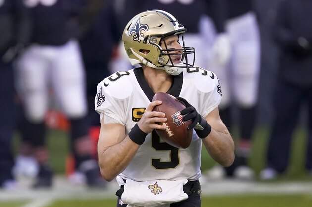 New Orleans quarterback Drew Brees drops back to pass during the first half of an NFL football game against the Chicago Bears in Chicago, Sunday, Nov. 1, 2020. (AP Photo/Charles Rex Arbogast) New Orleans quarterback Drew Brees drops back to pass during the first half of an NFL football game against the Chicago Bears in Chicago, Sunday, Nov. 1, 2020. (AP Photo/Charles Rex Arbogast)