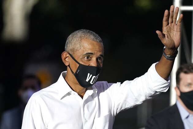 Former President Barack Obama waves as he arrives for a campaign rally for Democratic presidential candidate former Vice President Joe Biden, Monday, Nov. 2, 2020, in Miami. (AP Photo/Lynne Sladky) Former President Barack Obama waves as he arrives for a campaign rally for Democratic presidential candidate former Vice President Joe Biden, Monday, Nov. 2, 2020, in Miami. (AP Photo/Lynne Sladky)