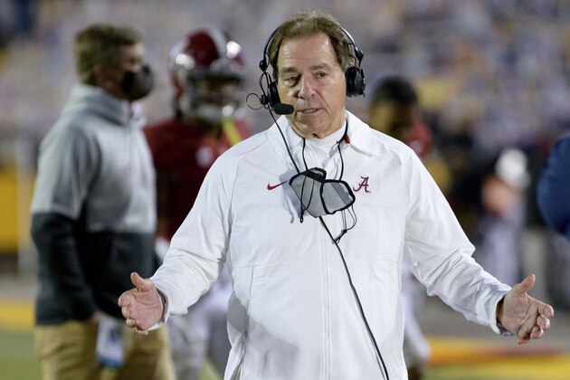 Alabama coach Nick Saban speaks after his team's victory against LSU in an NCAA college football game in Baton Rouge, La., Saturday, Dec. 5, 2020. (AP Photo/Matthew Hinton)