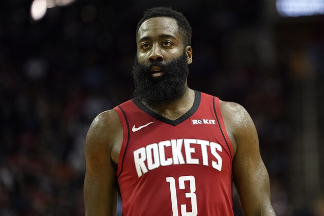 Houston Rockets' James Harden pauses against the Golden State Warriors during the second half of an NBA basketball game Wednesday, Nov. 6, 2019, in Houston. The Rockets won 129-112. (AP Photo/David J. Phillip)