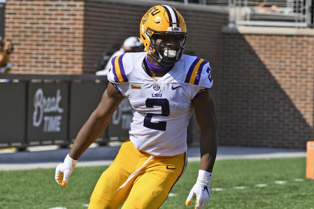 LSU tight end Arik Gilbert celebrates after scoring during the first half of an NCAA college football game against Missouri Saturday, Oct. 10, 2020, in Columbia, Mo. (AP Photo/L.G. Patterson)