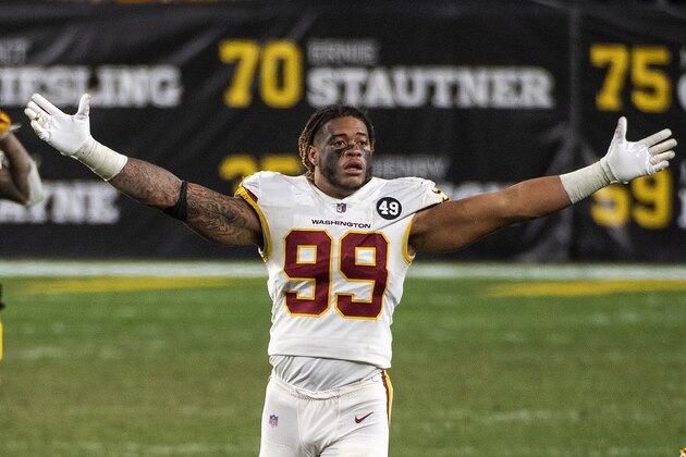 Washington Football Team defensive end Chase Young #99 reacts following a 23-17 win over the Pittsburgh Steelers during an NFL football game, Monday, Dec. 7, 2020, in Pittsburgh. (AP Photo/Justin Berl)