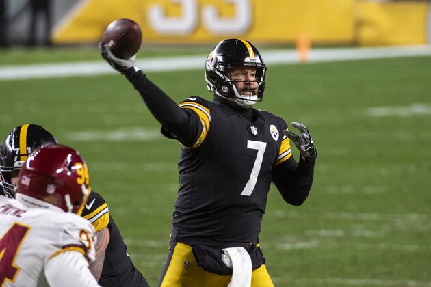 Pittsburgh Steelers quarterback Ben Roethlisberger #7 drops back to pass in the first half during an NFL football game against the Washington Football Team, Monday, Dec. 7, 2020, in Pittsburgh. (AP Photo/Justin Berl)