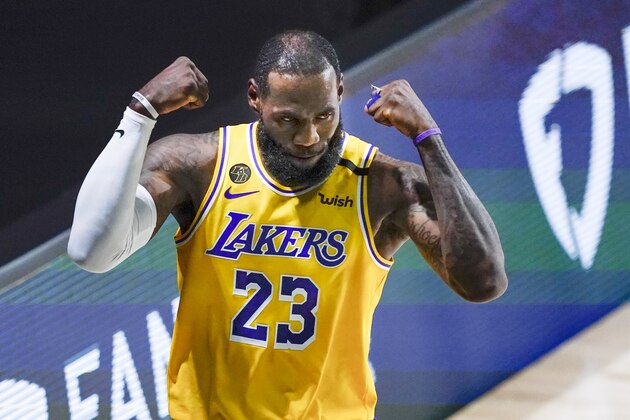Los Angeles Lakers' LeBron James (23) reacts to a play against the Portland Trail Blazers during the first half of an NBA basketball first round playoff game Saturday, Aug. 29, 2020, in Lake Buena Vista, Fla. (AP Photo/Ashley Landis)