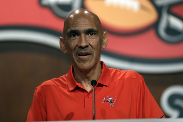 Former Tampa Bay Buccaneers head coach Tony Dungy during a Buccaneers NFL football Ring of Honor news conference Tuesday, Aug. 14, 2018, in Tampa, Fla. Dungy will be inducted during halftime of the Bucs game against the Pittsburgh Steelers on Sept. 24th. (AP Photo/Chris O'Meara)
