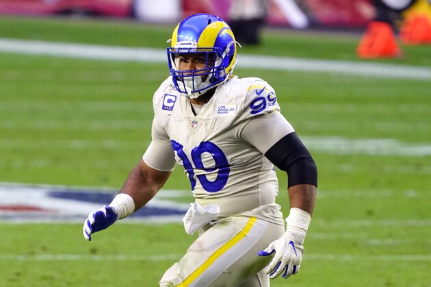 Los Angeles Rams defensive end Aaron Donald (99) during an NFL football game against the Arizona Cardinals, Sunday, Dec. 6, 2020, in Glendale, Ariz. (AP Photo/Rick Scuteri)