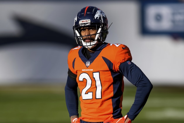 Denver Broncos cornerback A.J. Bouye (21) lines up against the Miami Dolphins during the first half of an an NFL football game, Sunday, Nov.. 22, 2020, in Denver. (AP Photo/Justin Edmonds)