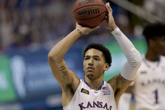 Kansas' Jalen Wilson shoots during the second half of an NCAA college basketball game against North Dakota State Saturday, Dec. 5, 2020, in Lawrence, Kan. Kansas won 65-61. (AP Photo/Charlie Riedel)