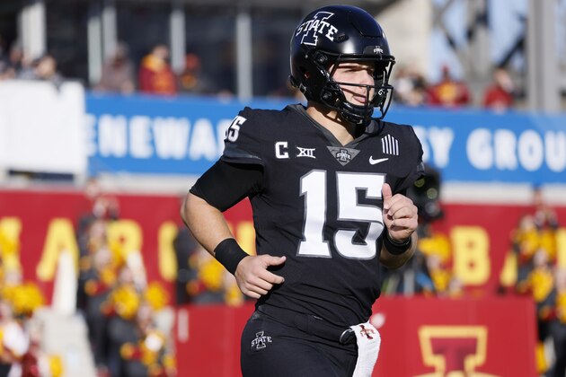Iowa State quarterback Brock Purdy enters the field for an NCAA college football game against West Virginia, Saturday, Dec. 5, 2020, in Ames, Iowa. (AP Photo/ Matthew Putney)