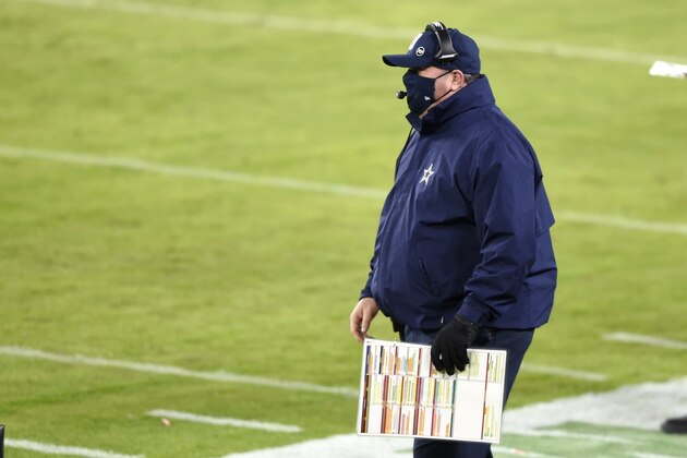 Dallas Cowboys head coach Mike McCarthy wears a face mask to protect against COVID-19 during the first half of an NFL football game against the Baltimore Ravens, Tuesday, Dec. 8, 2020, in Baltimore. (AP Photo/Gail Burton)