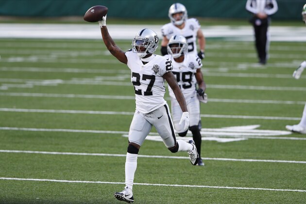 Las Vegas Raiders' Trayvon Mullen (27) celebrates his interception during the first half an NFL football game against the New York Jets, Sunday, Dec. 6, 2020, in East Rutherford, N.J. (AP Photo/Noah K. Murray)