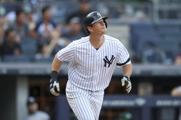 New York Yankees third baseman DJ LeMahieu watches the ball after hitting the game winning walk off home run during the 11th inning of a baseball game against the Oakland Athletics, Saturday, Aug. 31, 2019, in New York. (AP Photo/Mary Altaffer)