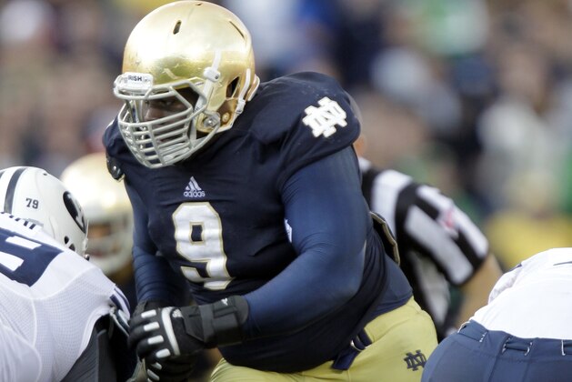 Notre Dame defensive lineman Louis Nix III during the second half of an NCAA college football game against the BYU in South Bend, Ind., Saturday, Oct. 20, 2012. Notre Dame defeated BYU 17-14. (AP Photo/Michael Conroy)