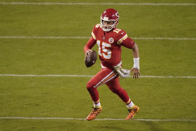 Kansas City Chiefs quarterback Patrick Mahomes runs the ball against the Denver Broncos in the second half of an NFL football game in Kansas City, Mo., Sunday, Dec. 6, 2020. (AP Photo/Charlie Riedel )