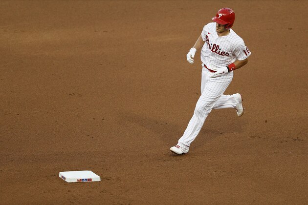 Philadelphia Phillies' J.T. Realmuto plays during a baseball game against the Atlanta Braves, Monday, Aug. 10, 2020, in Philadelphia. (AP Photo/Matt Slocum)
