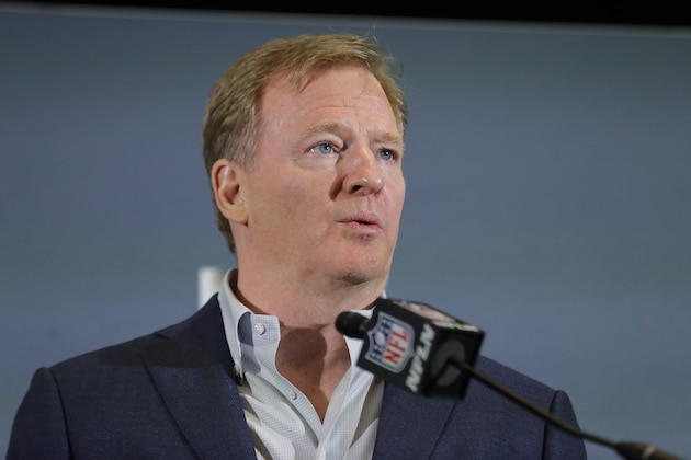 FILE - In this Feb. 3, 2020 file photo NFL Commissioner Roger Goodell speaks during a news conference in Miami. The NFL has set protocols for reopening team facilities and has told the 32 teams to have them in place by May 15. In a memo sent by Goodell and obtained Wednesday, May 6, 2020 by The Associated Press, several phases of the protocols were laid out. The first phase would involve a limited number of non-player personnel, initially 50 percent of the non-player employees (up to a total of 75) on any single day, being approved to be at the facility. But state or local regulations could require a lower number. (AP Photo/Brynn Anderson, file) FILE - In this Feb. 3, 2020 file photo NFL Commissioner Roger Goodell speaks during a news conference in Miami. The NFL has set protocols for reopening team facilities and has told the 32 teams to have them in place by May 15. In a memo sent by Goodell and obtained Wednesday, May 6, 2020 by The Associated Press, several phases of the protocols were laid out. The first phase would involve a limited number of non-player personnel, initially 50 percent of the non-player employees (up to a total of 75) on any single day, being approved to be at the facility. But state or local regulations could require a lower number. (AP Photo/Brynn Anderson, file)