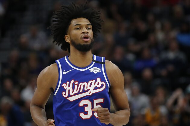 Sacramento Kings forward Marvin Bagley III (35) runs up court in the first half during an NBA basketball game against the Utah Jazz Saturday, Jan. 18, 2020, in Salt Lake City. (AP Photo/Rick Bowmer)