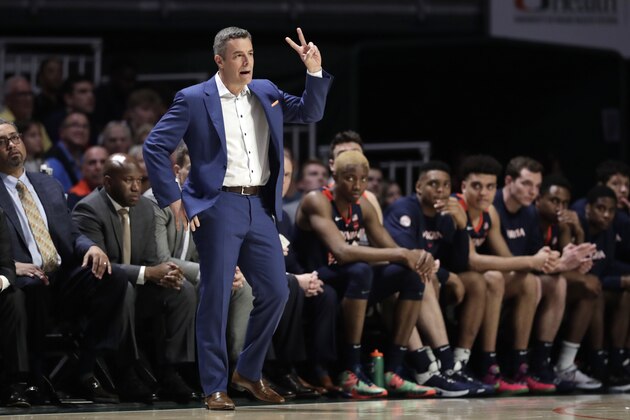 Virginia head coach Tony Bennett watches during the first half of an NCAA college basketball game against Miami, Wednesday, March 4, 2020, in Coral Gables, Fla. (AP Photo/Lynne Sladky)