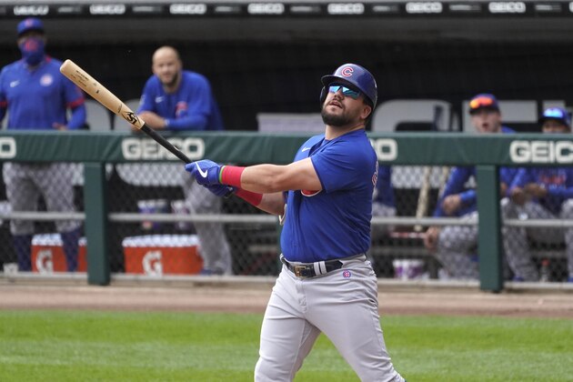 Chicago Cubs' Kyle Schwarber watches his foul ball during the first inning of a baseball game against the Chicago White Sox Chicago Cubs in Chicago, Sunday, Sept. 27, 2020. (AP Photo/Nam Y. Huh)