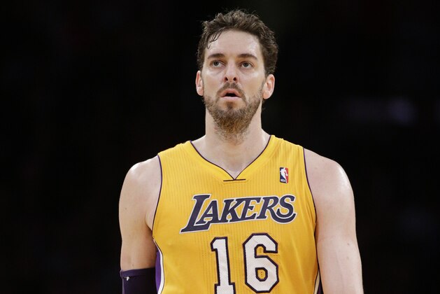 Los Angeles Lakers' Pau Gasol, of Spain, walks down the court during the first half of an NBA basketball game against the Los Angeles Clippers on Thursday, March 6, 2014, in Los Angeles. (AP Photo/Jae C. Hong)