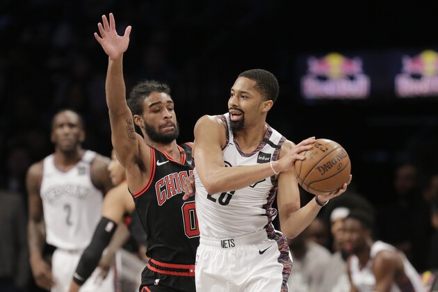 Brooklyn Nets' Spencer Dinwiddie, right, looks to pass around Chicago Bulls' Coby White during the first half of an NBA basketball game at the Barclays Center, Sunday, March 8, 2020, in New York. (AP Photo/Seth Wenig) Brooklyn Nets' Spencer Dinwiddie, right, looks to pass around Chicago Bulls' Coby White during the first half of an NBA basketball game at the Barclays Center, Sunday, March 8, 2020, in New York. (AP Photo/Seth Wenig)