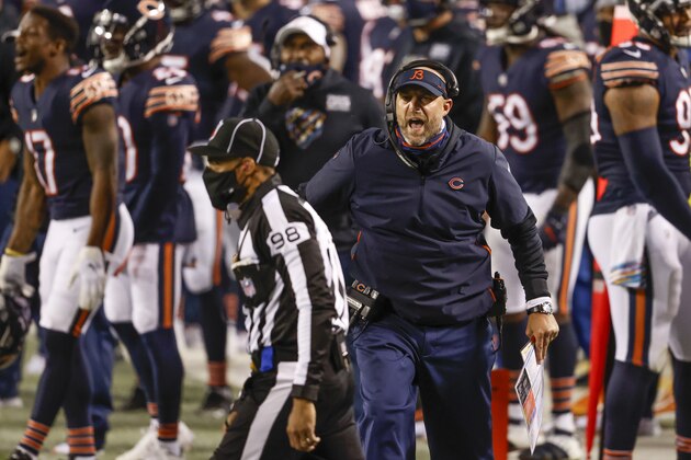 Chicago Bears head coach Matt Nagy protest a call against his team during the first half of an NFL football game against the Tampa Bay Buccaneers, Thursday, Oct. 8, 2020, in Chicago. (AP Photo/Kamil Krzaczynski) Chicago Bears head coach Matt Nagy protest a call against his team during the first half of an NFL football game against the Tampa Bay Buccaneers, Thursday, Oct. 8, 2020, in Chicago. (AP Photo/Kamil Krzaczynski)