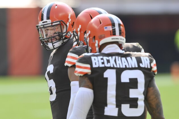 Cleveland Browns quarterback Baker Mayfield (6) looks at wide receiver Odell Beckham Jr. (13) during an NFL football game against the Washington Football Team, Sunday, Sept. 27, 2020, in Cleveland. The Browns won 34-20. (AP Photo/David Richard)