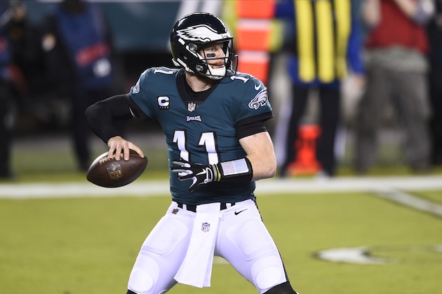 Philadelphia Eagles' Carson Wentz passes during the first half of an NFL football game against the Seattle Seahawks, Monday, Nov. 30, 2020, in Philadelphia. (AP Photo/Derik Hamilton)