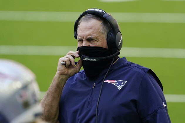 New England Patriots head coach Bill Belichick wears a face mask on the sidelines during the first half of an NFL football game against the Houston Texans, Sunday, Nov. 22, 2020, in Houston. (AP Photo/David J. Phillip) New England Patriots head coach Bill Belichick wears a face mask on the sidelines during the first half of an NFL football game against the Houston Texans, Sunday, Nov. 22, 2020, in Houston. (AP Photo/David J. Phillip)