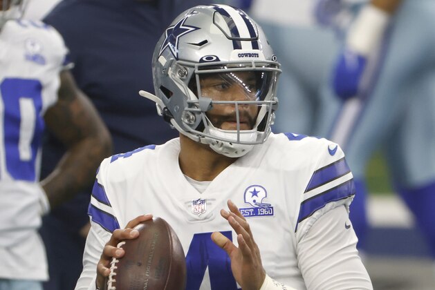 Dallas Cowboys quarterback Dak Prescott (4) throws before a game against the New York Giants in an NFL football game in Arlington, Texas, Sunday, Oct. 11, 2020. (AP Photo/Ron Jenkins)