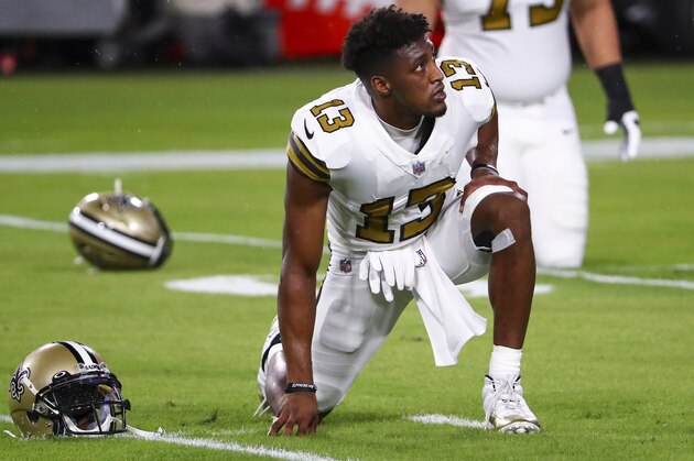 New Orleans Saints wide receiver Michael Thomas (13) stretches prior to an NFL football game against the Tampa Bay Buccaneers, Sunday, Nov. 8, 2020, in Tampa, Fla. (AP Photo/Kevin Sabitus) New Orleans Saints wide receiver Michael Thomas (13) stretches prior to an NFL football game against the Tampa Bay Buccaneers, Sunday, Nov. 8, 2020, in Tampa, Fla. (AP Photo/Kevin Sabitus)