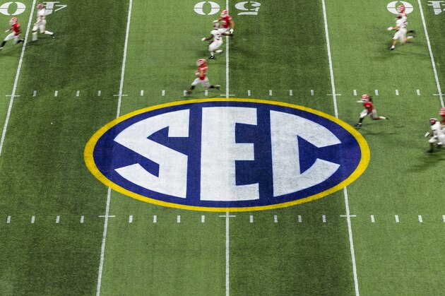 SEC Championship logo on the field during the Southeastern Conference Championship NCAA college football game against the Alabama Crimson Tide and the Georgia Bulldogs on Saturday, Dec. 1, 2018 in Atlanta. (Ric Tapia via AP)