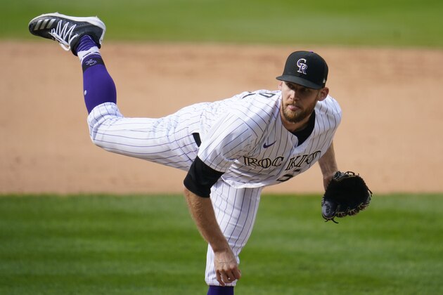 Colorado Rockies relief pitcher Daniel Bard works against the Los Angeles Dodgers in the eighth inning of a baseball game Sunday, Sept. 20, 2020, in Denver. (AP Photo/David Zalubowski)