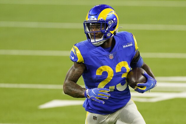 Los Angeles Rams running back Cam Akers carries against the New England Patriots during the first half of an NFL football game Thursday, Dec. 10, 2020, in Inglewood, Calif. (AP Photo/Ashley Landis)