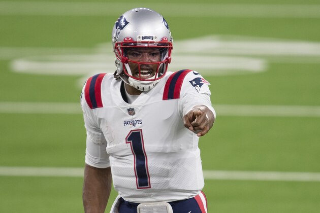 New England Patriots quarterback Cam Newton (1) yells instructions during an NFL football game against the Los Angeles Rams Thursday, Dec. 10, 2020, in Inglewood, Calif. (AP Photo/Kyusung Gong)