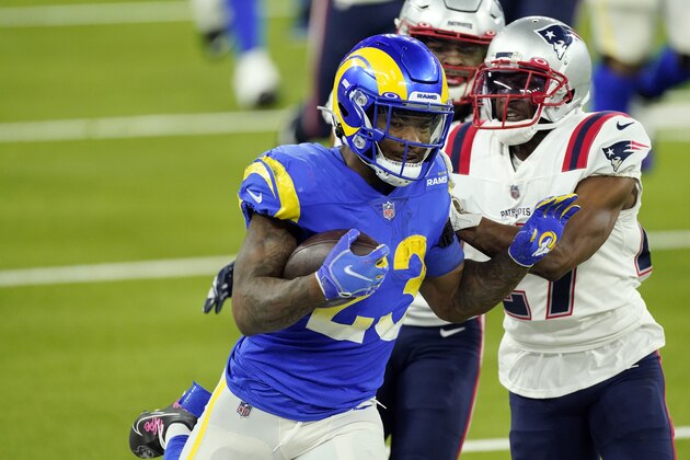 Los Angeles Rams running back Cam Akers (23) carries against the New England Patriots during the second half of an NFL football game Thursday, Dec. 10, 2020, in Inglewood, Calif. (AP Photo/Ashley Landis)