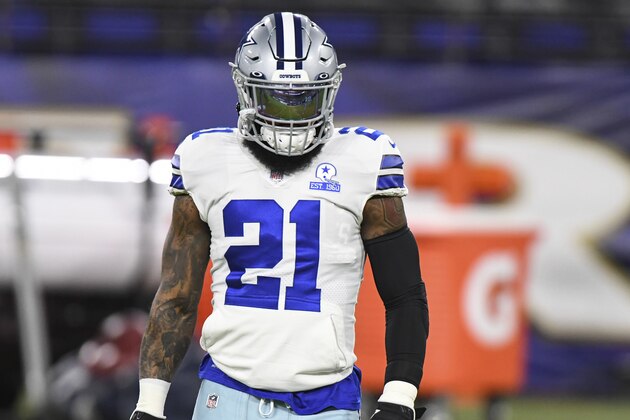 Dallas Cowboys running back Ezekiel Elliott (21) looks on before an NFL football game against the Baltimore Ravens, Tuesday, Dec. 8, 2020, in Baltimore. (AP Photo/Terrance Williams)