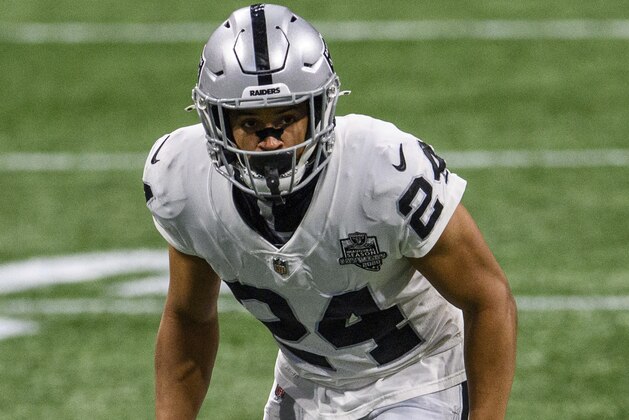Las Vegas Raiders strong safety Johnathan Abram (24) lines up during the first half of an NFL football game against the Atlanta Falcons, Sunday, Nov. 29, 2020, in Atlanta. The Atlanta Falcons won 43-6. (AP Photo/Danny Karnik)