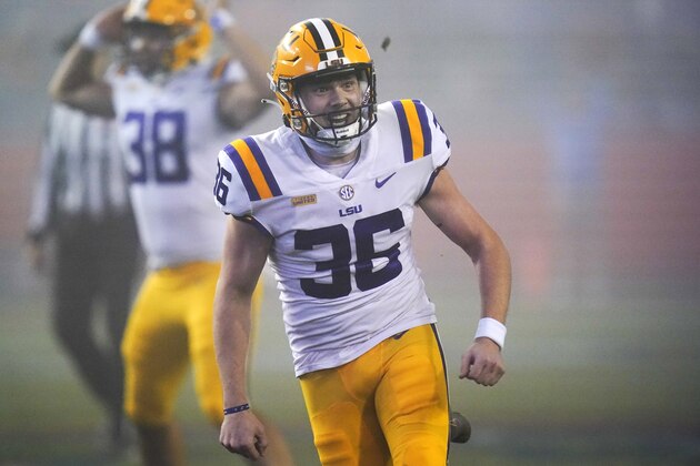 LSU's Cade York (36) celebrates after kicking a field goal against Florida in the final minute of an NCAA college football game Saturday, Dec. 12, 2020, in Gainesville, Fla. LSU won 37-34. (AP Photo/John Raoux)