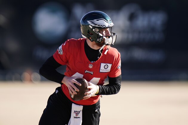 Philadelphia Eagles' Carson Wentz runs a drill during practice at the NFL football team's training facility, Thursday, Dec. 10, 2020, in Philadelphia. (AP Photo/Matt Slocum, Pool) Philadelphia Eagles' Carson Wentz runs a drill during practice at the NFL football team's training facility, Thursday, Dec. 10, 2020, in Philadelphia. (AP Photo/Matt Slocum, Pool)