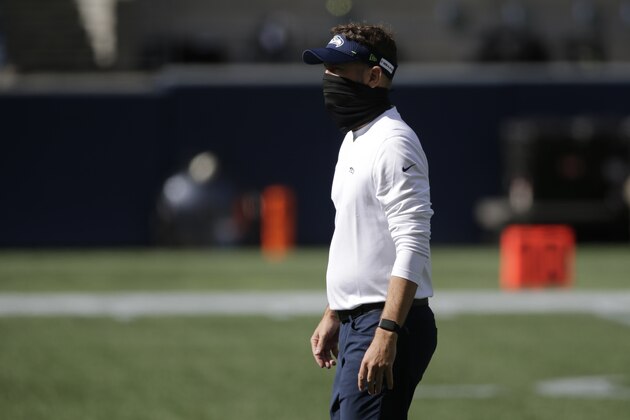 Seattle Seahawks offensive coordinator offensive coordinator Brian Schottenheimer before an NFL football game against the Dallas Cowboys, Sunday, Sept. 27, 2020, in Seattle. (AP Photo/John Froschauer)